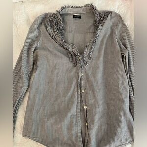 J.Crew ruffle front button down, black and white stripe